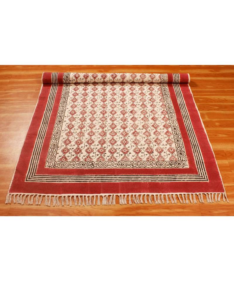 7x7FeetSquare Hand Block Printed Area Rugs  Cotton Rug Flatwoven Bohomian  