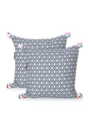 Chintz Grey & Multi Color Polycotton Diamond Digital Printed Cushion Covers with Pom Poms (16x16 inch) 2