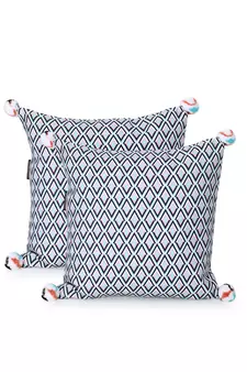 Chintz Grey & Multi Color Polycotton Diamond Digital Printed Cushion Covers with Pom Poms (16x16 inch)