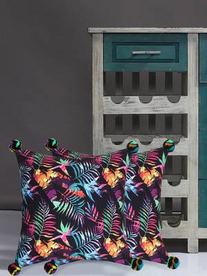 Chintz Black & Multi Color Polycotton Botanical Digital Printed Cushion Covers with Pom Poms (16x16 inch) 1