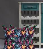 Chintz Black & Multi Color Polycotton Botanical Digital Printed Cushion Covers with Pom Poms (16x16 inch)