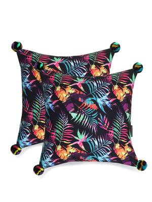 Chintz Black & Multi Color Polycotton Botanical Digital Printed Cushion Covers with Pom Poms (16x16 inch) 2