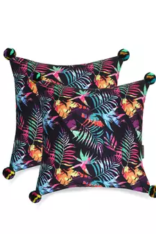 Chintz Black & Multi Color Polycotton Botanical Digital Printed Cushion Covers with Pom Poms (16x16 inch)