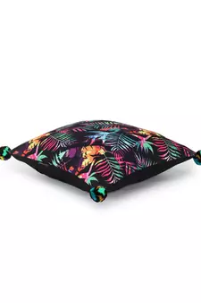 Chintz Black & Multi Color Polycotton Botanical Digital Printed Cushion Covers with Pom Poms (16x16 inch)