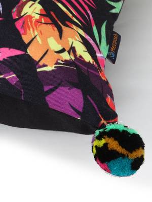 Chintz Black & Multi Color Polycotton Botanical Digital Printed Cushion Covers with Pom Poms (16x16 inch) 6