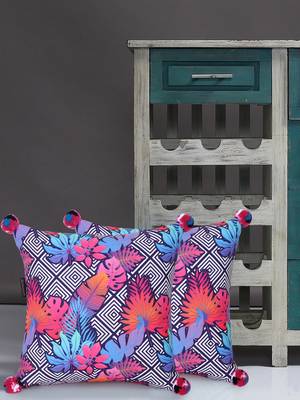 Chintz Pink & Multi Color Polycotton Quirky Digital Printed Cushion Covers with Pom Poms (16x16 inch) 1