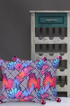 Chintz Pink & Multi Color Polycotton Quirky Digital Printed Cushion Covers with Pom Poms (16x16 inch)