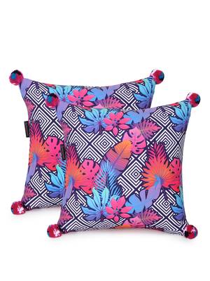 Chintz Pink & Multi Color Polycotton Quirky Digital Printed Cushion Covers with Pom Poms (16x16 inch) 2