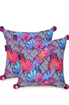 Chintz Pink & Multi Color Polycotton Quirky Digital Printed Cushion Covers with Pom Poms (16x16 inch)
