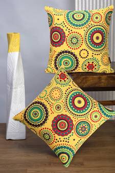 Nomad Bright Yellow & Multi Color Cotton Canvas Mandala Printed Floor Cushion Covers (20x20 inch)