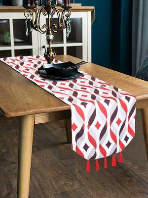 Chintz Red & Multi Color Polycotton Damask Digital Printed 6 Seater Table Runner with Tassels (180x40cm) 1
