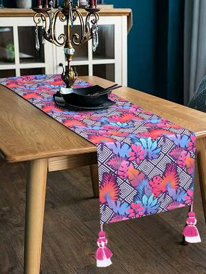 Chintz Pink & Multi Color Polycotton Botanical Digital Printed 6 Seater Table Runner with Tassels (180x40cm) 1