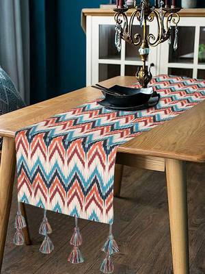 Chintz Beige & Multi Color Polycotton Chevron Digital Printed 6 Seater Table Runner with Tassels (180x40cm) 1