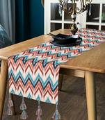 Chintz Beige & Multi Color Polycotton Chevron Digital Printed 6 Seater Table Runner with Tassels (180x40cm)