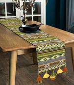 Tribal Brown & Multi Color Polycotton Ethnic Motifs Jacquard 6 Seater Table Runner with Tassels (180x30cm)