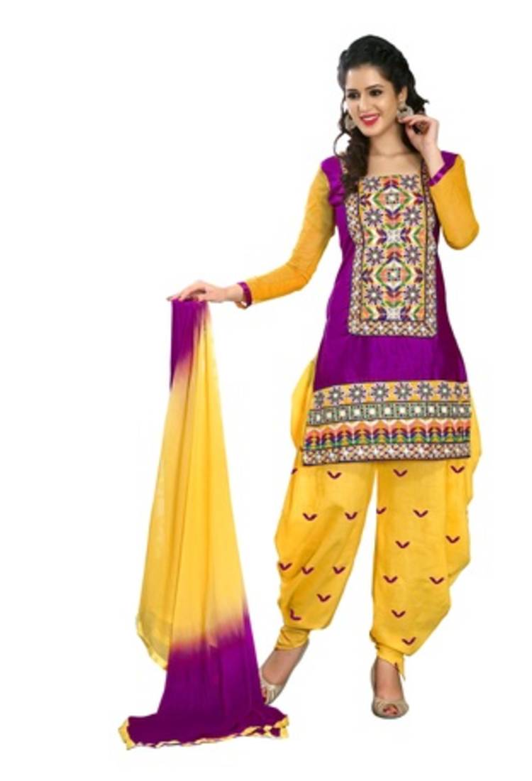 yellow embroidered cotton semi stitched salwar with dupatta