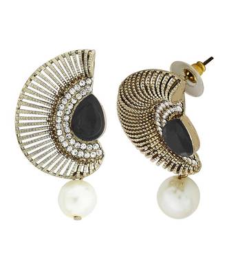 Filigree Crescent Antique Rhodium Black Cz Pearl Earring For Women 2