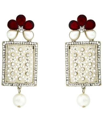 Designer American Diamond Ruby Red Pearl Rhodium Long Earring 1