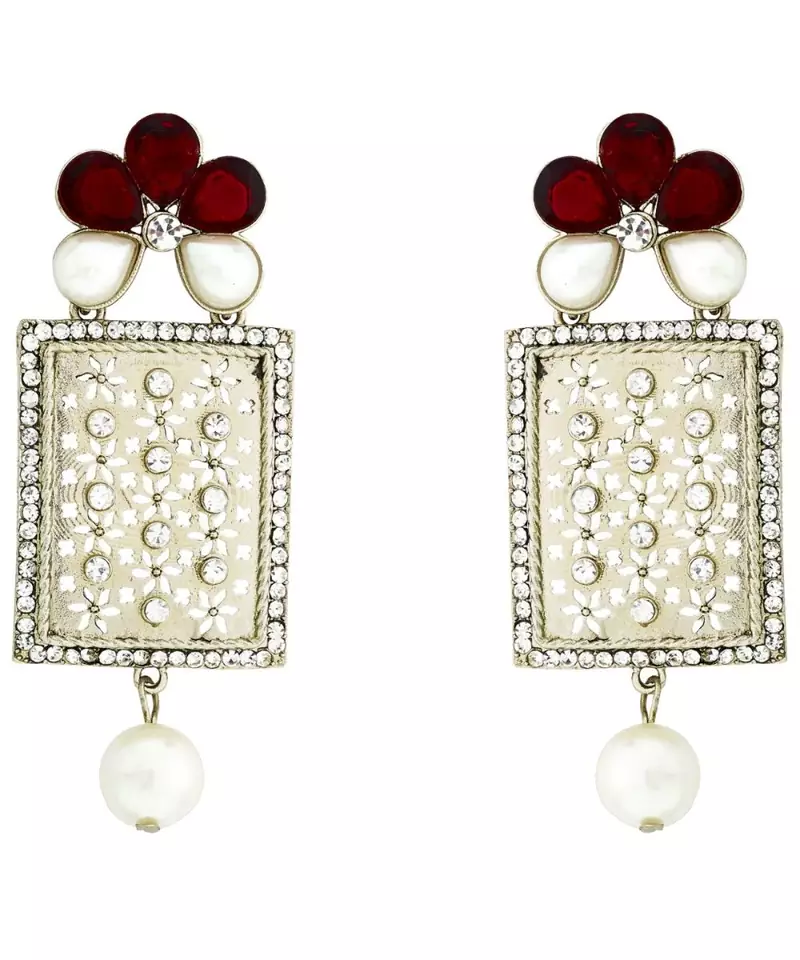 Designer American Diamond Ruby Red Pearl Rhodium Long Earring