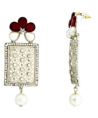 Designer American Diamond Ruby Red Pearl Rhodium Long Earring 2