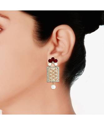 Designer American Diamond Ruby Red Pearl Rhodium Long Earring 4