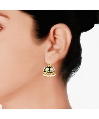 Lotus Gold Plated Navy Blue Meenakari Jhumki Earring For Women 3