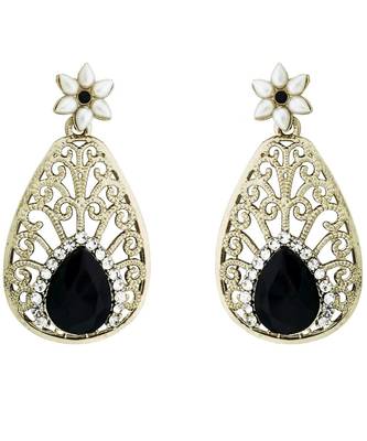 Pear Flower Filigree Antique Rhodium Pearl Black Earring For Women 1