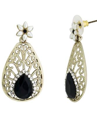 Pear Flower Filigree Antique Rhodium Pearl Black Earring For Women 2