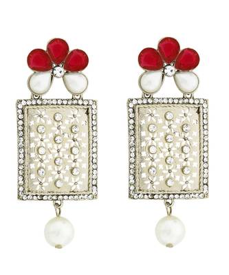 Designer American Diamond Pink Pearl Rhodium Long Earring For Women 1