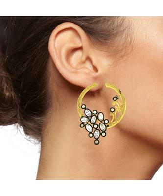 Flower Filigree Victorian Kundan American Diamond Gold Crescent Stud Earring 4