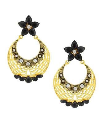 Filigree Flower Chaand Bali Black American Diamond Cz Gold Earring 1