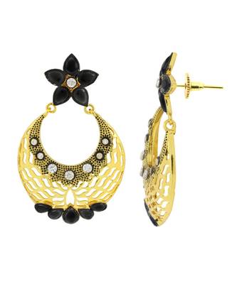 Filigree Flower Chaand Bali Black American Diamond Cz Gold Earring 2