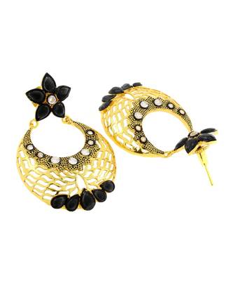 Filigree Flower Chaand Bali Black American Diamond Cz Gold Earring 3