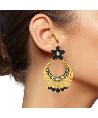 Filigree Flower Chaand Bali Black American Diamond Cz Gold Earring 4