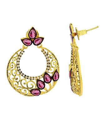 Chaand Bali Gold Sapphire Pink American Diamond Cz Jhumki Earring 2