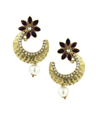 Flower Antique Gold Black Pearl American Diamond Chaand Bali Earring 1