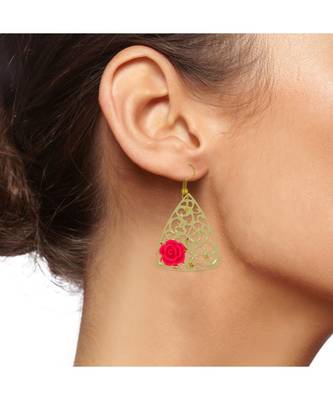 Filigree Flower Pink 18K Gold Plated Dangling Earring For Women 4