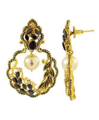 Antique Traditional 22K Gold Black Pearl Dangling Earring For Women 2