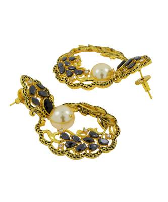 Antique Traditional 22K Gold Black Pearl Dangling Earring For Women 3