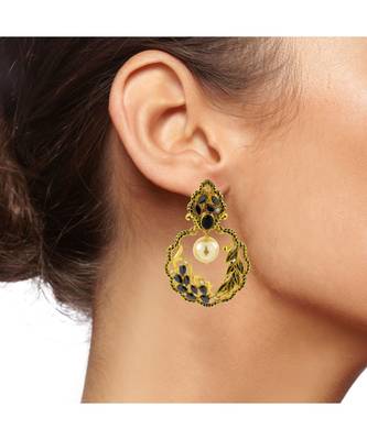 Antique Traditional 22K Gold Black Pearl Dangling Earring For Women 4