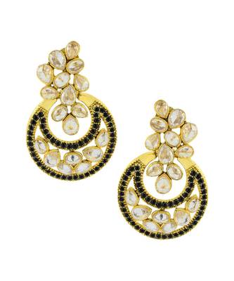 Designer Flower Kundan Black 18K Gold Chandbali Earring For Women 1