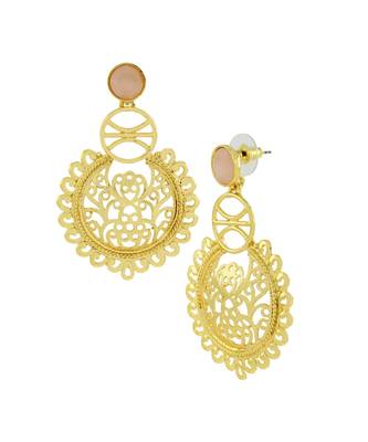 Large Statement Filigree Chaand Bali Baby Pink Gold Jhumki Earring 2