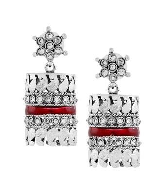 Traditional Cz Enamel Red Maroon Silver Rhodium Dangle Earring 1