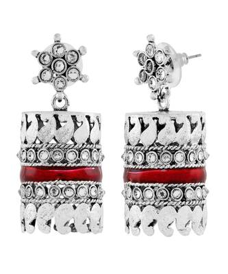 Traditional Cz Enamel Red Maroon Silver Rhodium Dangle Earring 2