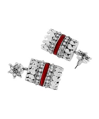 Traditional Cz Enamel Red Maroon Silver Rhodium Dangle Earring 3
