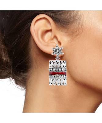 Traditional Cz Enamel Red Maroon Silver Rhodium Dangle Earring 4