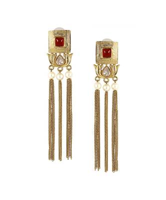 Traditional Lotus Maroon Kundan Pearl Tassel Dangling Long Earring 1