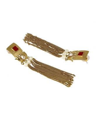 Traditional Lotus Maroon Kundan Pearl Tassel Dangling Long Earring 2