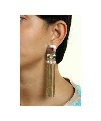 Traditional Lotus Maroon Kundan Pearl Tassel Dangling Long Earring 3