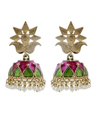 Green Gold Plated Meenakari Pearl Jhumki Earring For Women 1